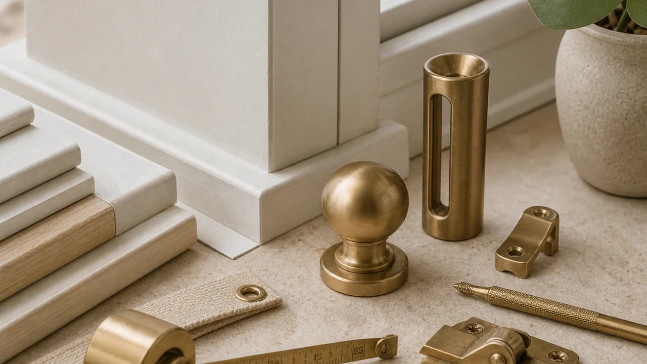 Brass fitting accessories and measuring tools on a neutral surface