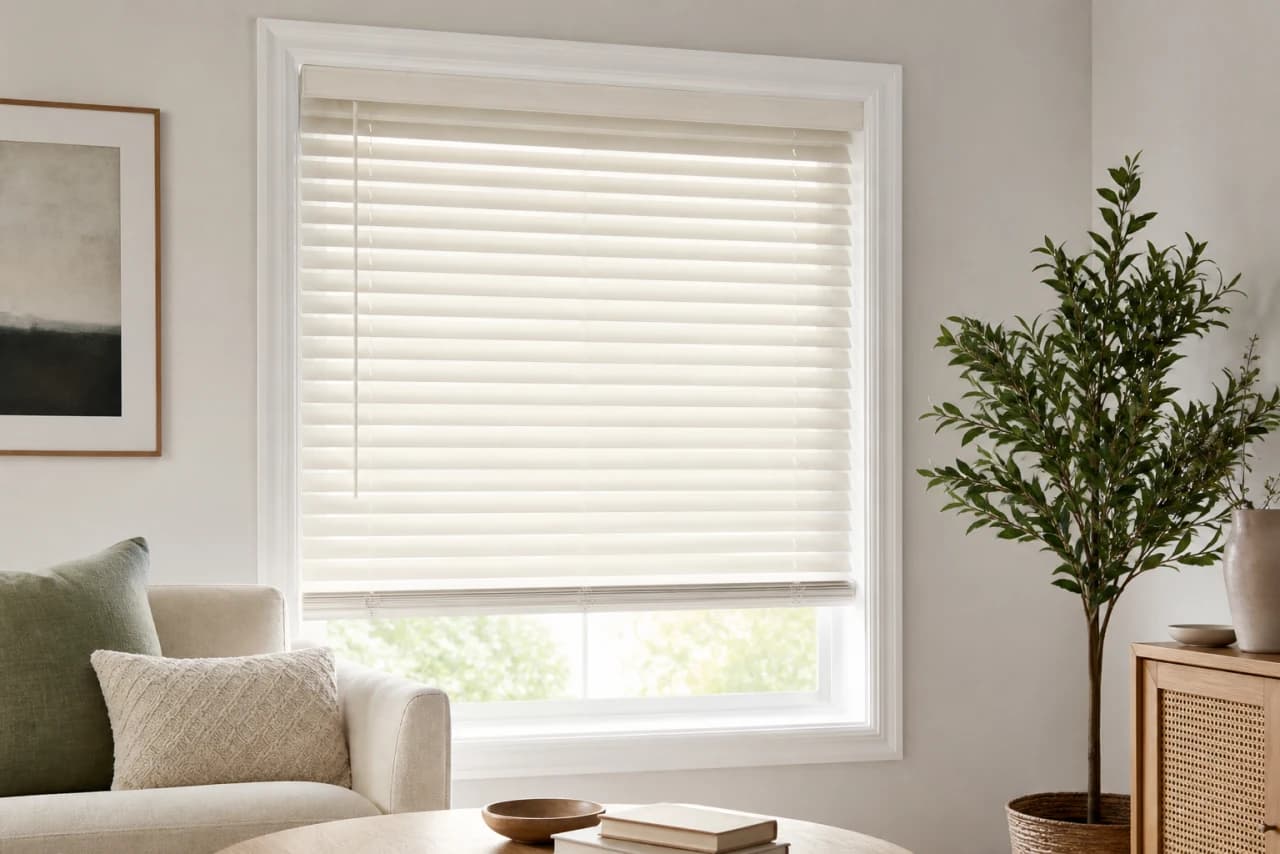 Cream venetian blinds on a white window in a bright neutral room