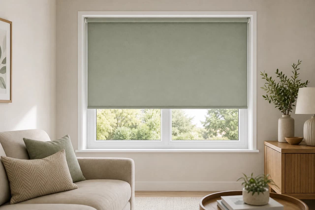 Sage green roller blind on a white framed window in a neutral living room