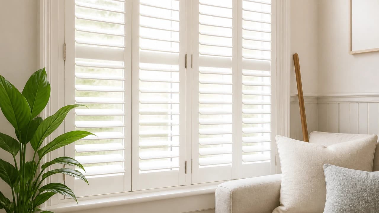 White plantation shutters in a bright neutral living room