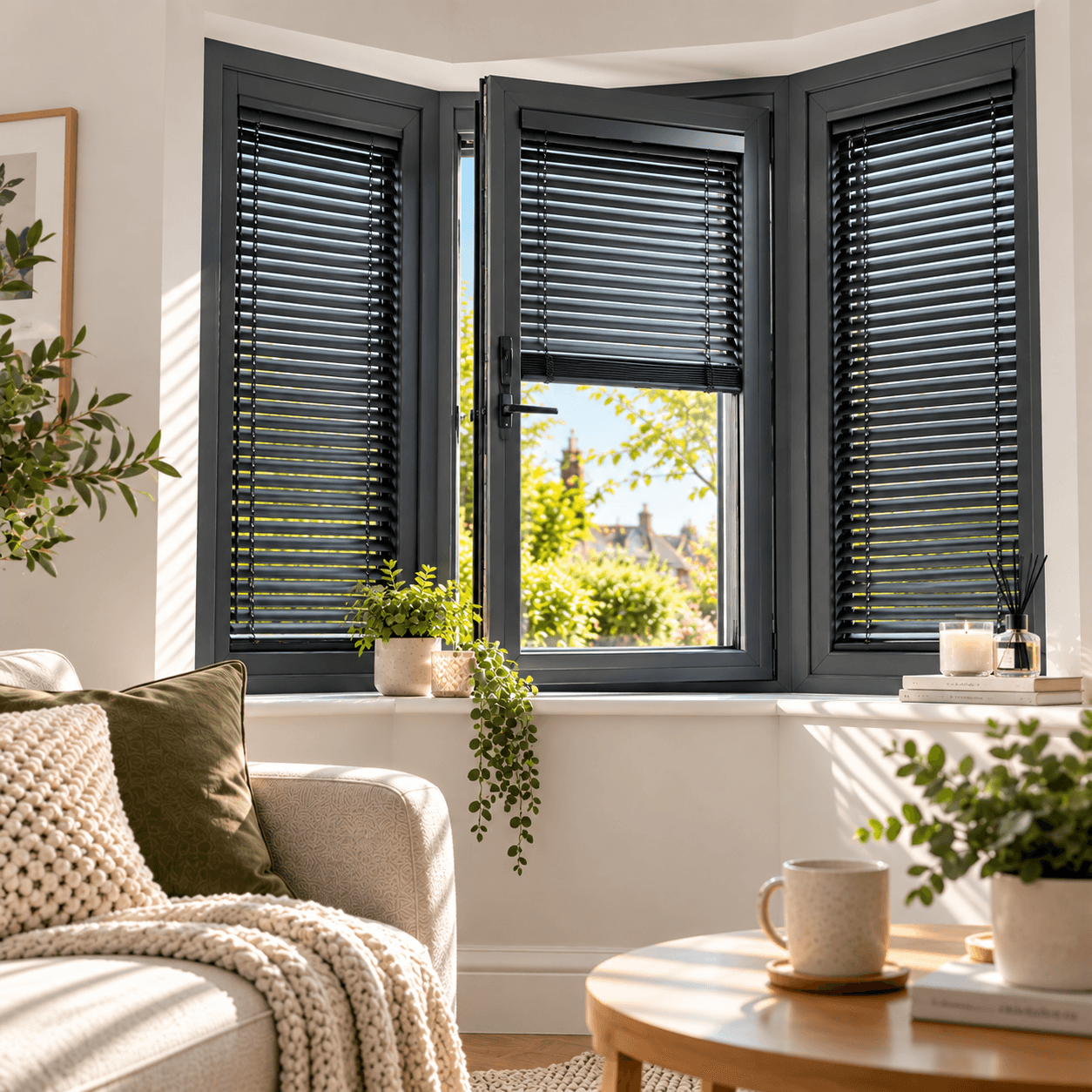 Fit-to-Frame Alumitex Anthracite no-drill aluminium Venetian blinds fitted to a bay window.